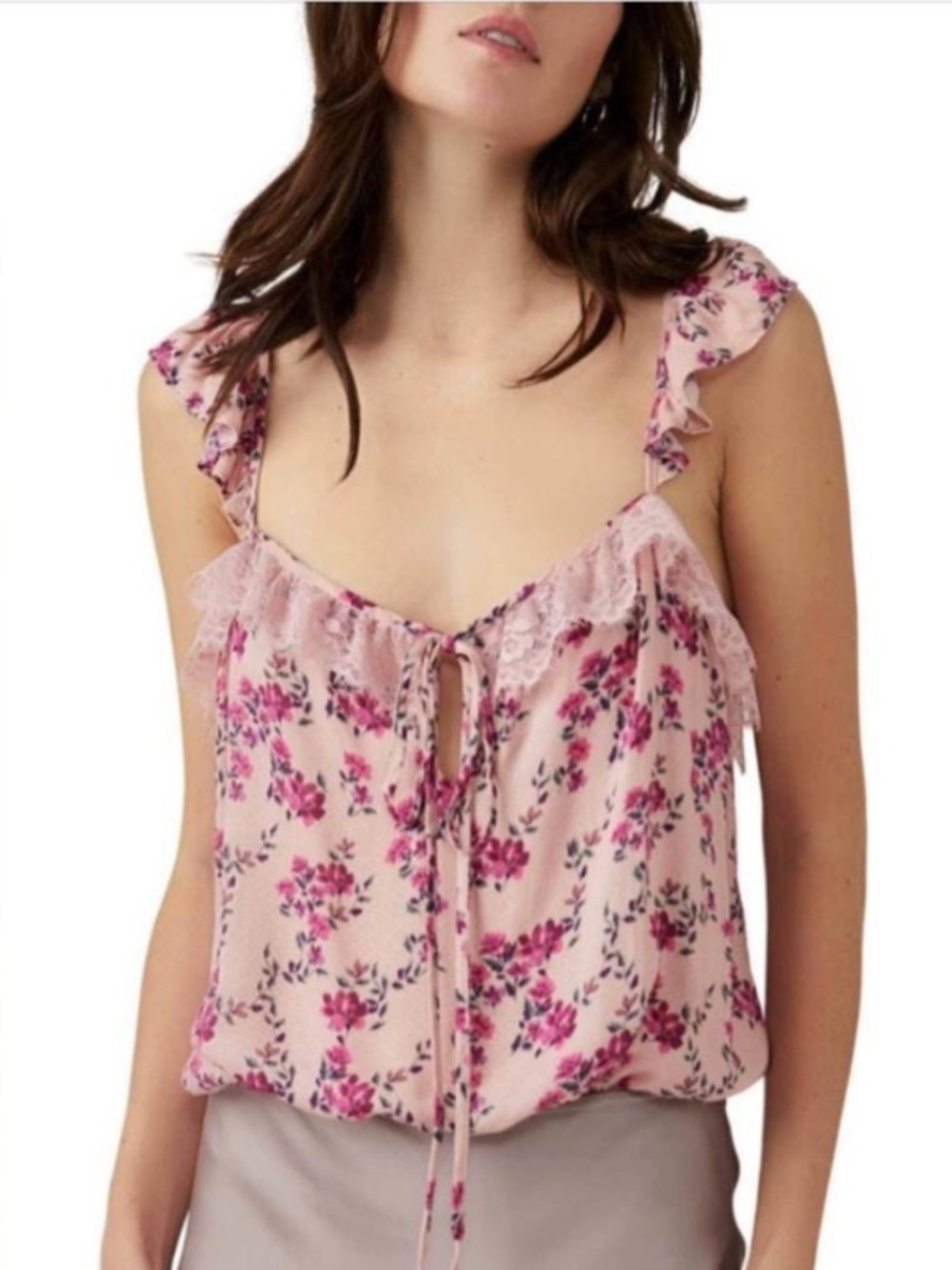 Free People Pink Floral Tie-Front Ruffle Bodysuit